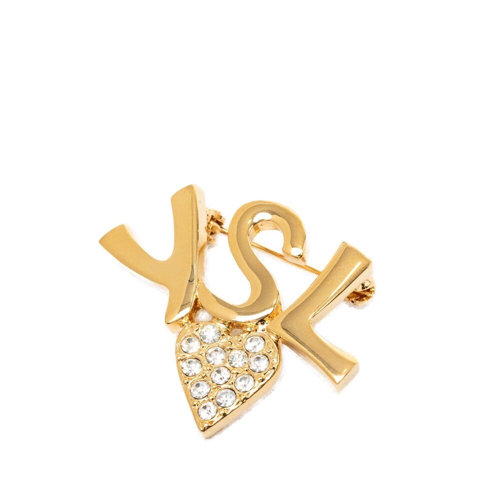 Pre-Loved Saint Laurent Gold Plated Logo and Crystal Heart Brooch